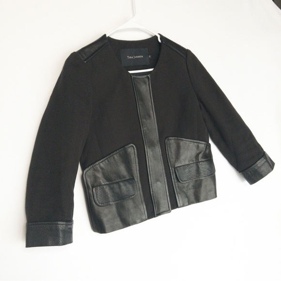 TARA JARMON Wool Leather Jacket Womens Size 38 US 6 M Cropped Snap Blazer - Picture 3 of 15